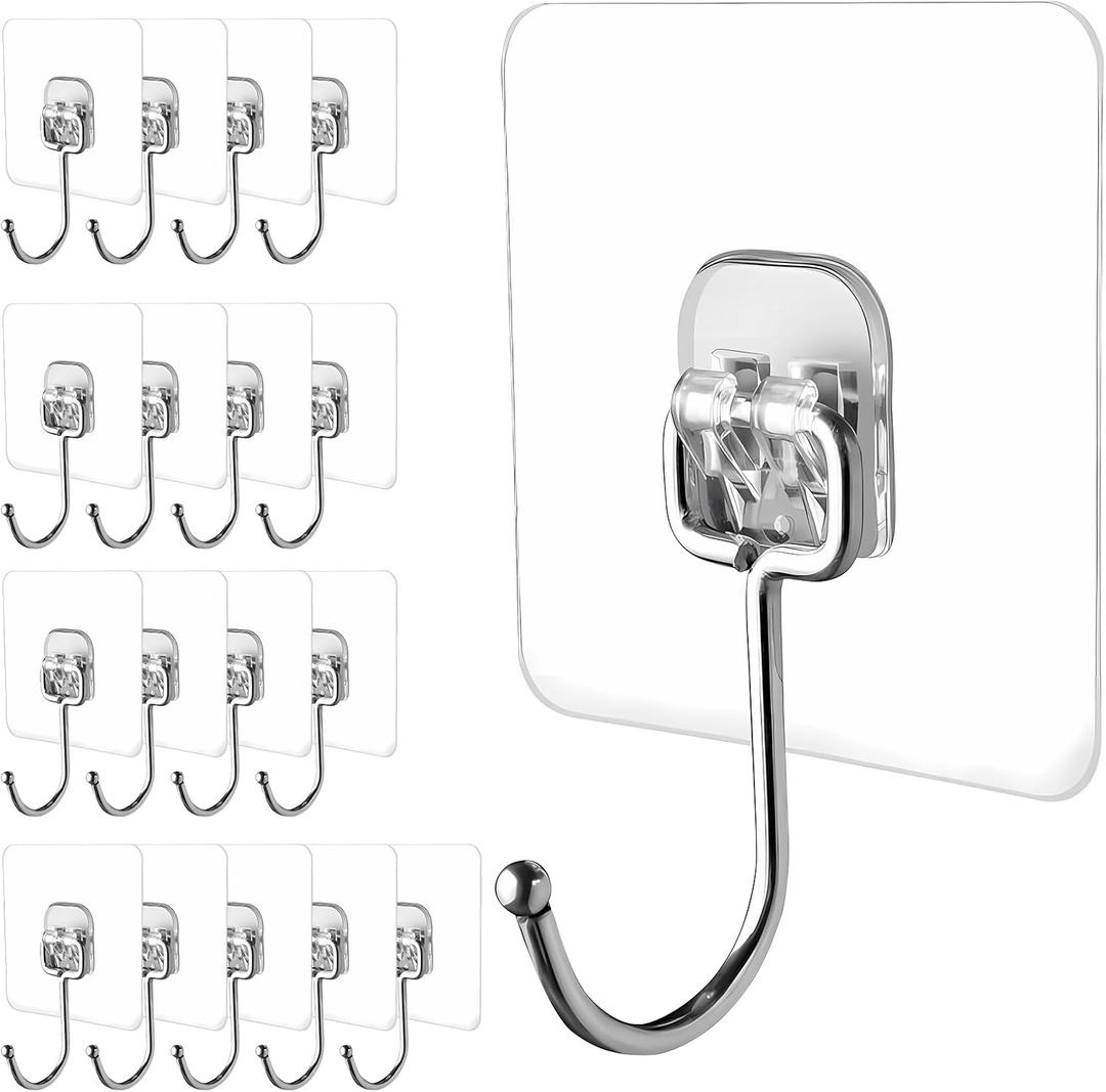 Large Adhesive Hooks, 18 Pack Hold 44lb(Max) Heavy-Duty Sticky Hooks,Waterproof & Rustproof Wall Hook for Hanging Can be Use Kitchen Bathroom Outdoor Ceiling Office, Transparent