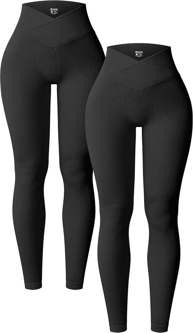 OQQ Women's 2 Piece Yoga Leggings Ribbed Seamless Workout High Waist Cross Over Athletic Exercise Leggings (Medium, black)