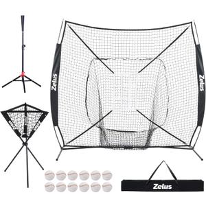 ZELUS Baseball net and tee, 5x5ft/ 7x7ft Baseball Net for Hitting and Pitching, Portable Indoor Outdoor Batting Practice Net with Carry Bag Ball Caddy & Baseballs