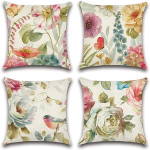Artscope Set of 4 Waterproof Throw Pillow Covers 18x18 Inches, Colorful Flowers Bird and Butterfly Pattern Decorative Cushion Covers, Perfect to Outdoor Patio Garden Living Room Sofa Farmhouse Decor