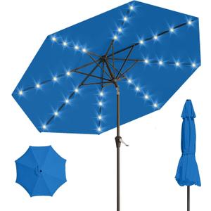 9FT Solar Umbrella 32 LED Lighted Patio Umbrella Table Market Umbrella w/Tilt and Crank, UV-Resistant Outdoor Umbrella for Pool, Garden, Deck, Royal Blue