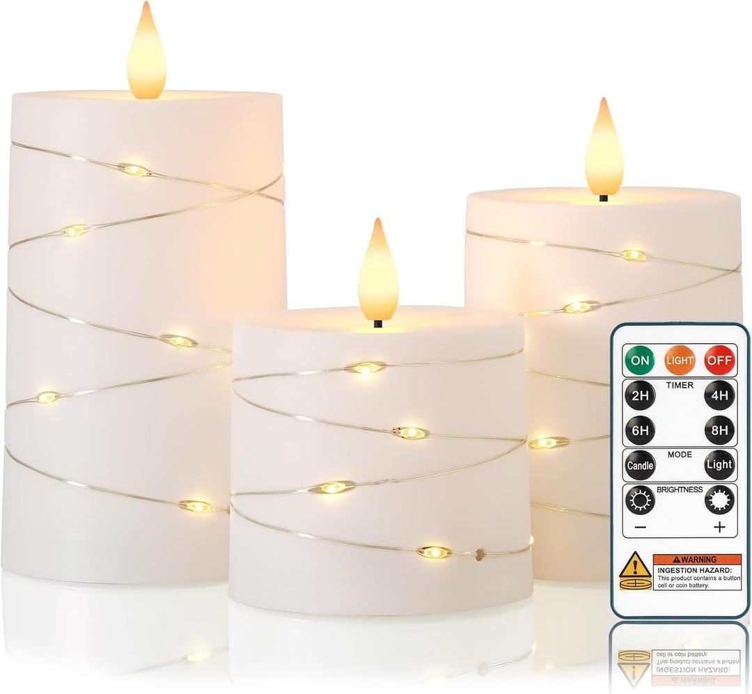 Raycare Flameless Candles with Remote Timer, Flickering Battery Operated LED Pillar Fake Candle with String Lights for Home Decor, Christmas, Wedding and Gift, White, Set of 3