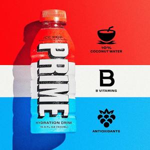 PRIME Hydration ICE POP | Sports Drinks | Electrolyte Enhanced for Ultimate Hydration | 250mg BCAAs | B Vitamins | Antioxidants | 2g Of Sugar | 12 Fl Oz (Pack of 8), Best Before: 17/OCT/2025