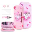 HYPERCASE Pink Cartoon Cat Switch Lite Carrying Case, Cute Accessories Bundle Kit for Travel Pouch Bag, Soft Switch Lite Protective Cover Skin, Screen Protector, Shoulder Strap and 2 Thumb Grips
