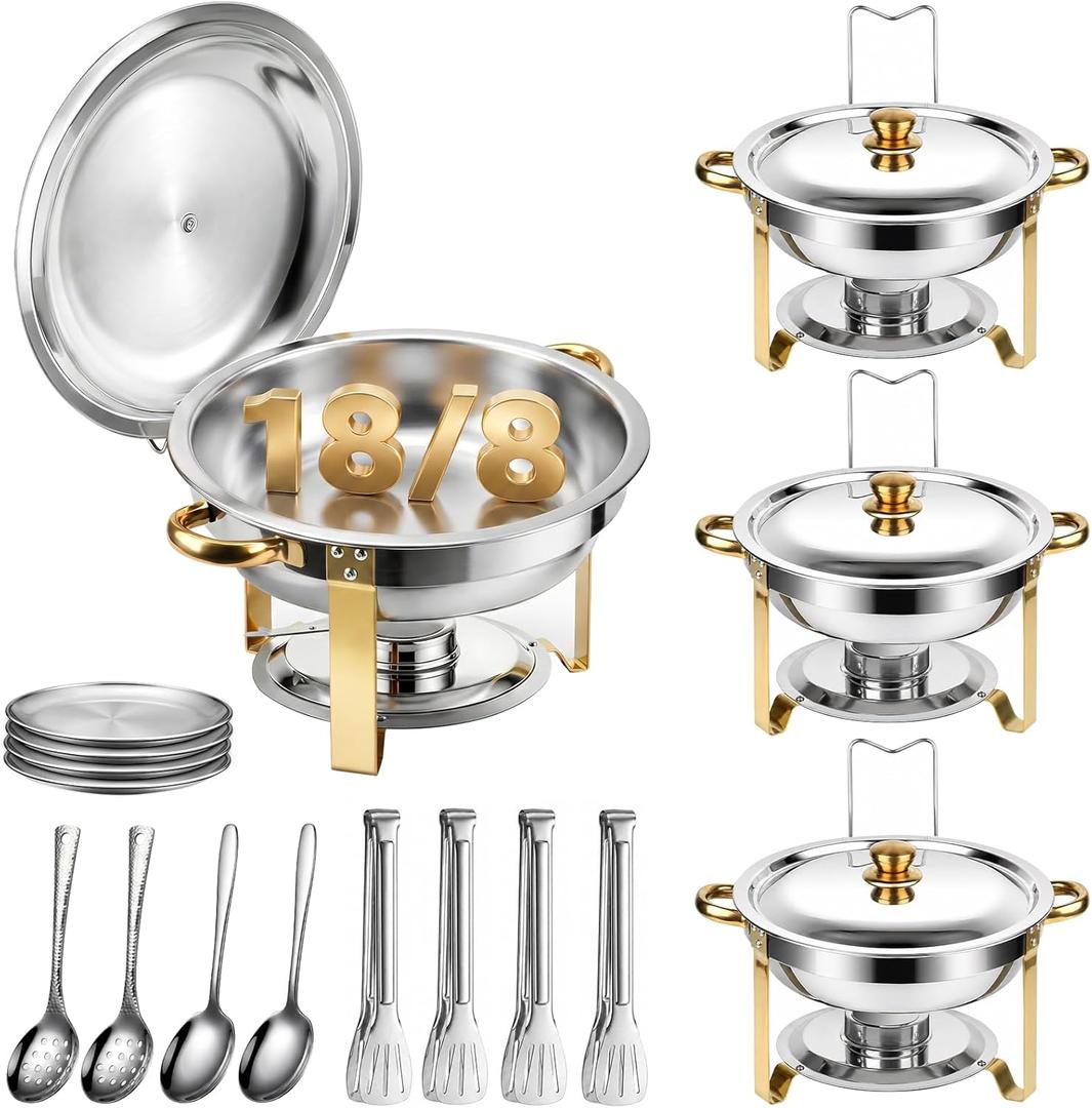 4 Pack Chafing Dishes for Buffet with Lid & Lid Holder, 6QT Round Stainless Steel Chafing Dish Set, Heating and Cooling Buffet for Home Parties, Christmas Gatherings, Catering Events