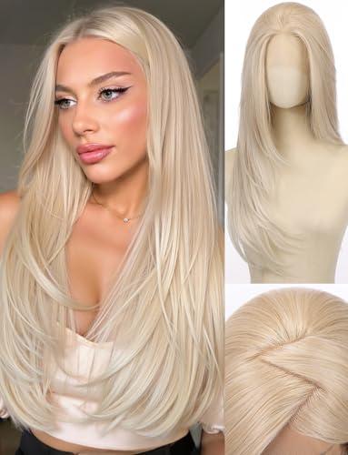 Luwila Straight 13x4 HD Lace Front Wig for Women, 26inch Heat Resistant Synthetic Hair Glueless Pre Plucked Straight Human Hair-Like Layered Wig with Realistic Scalp (Light Mixed Blonde Color)