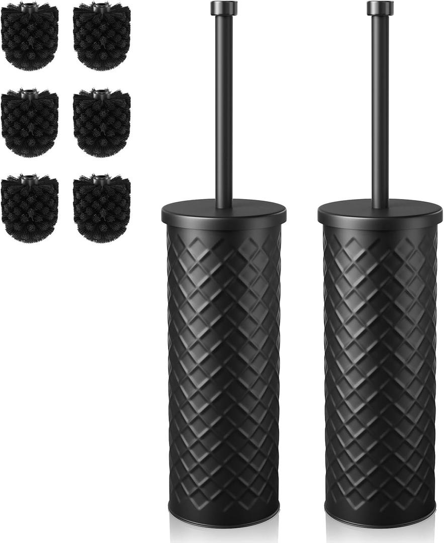 Toilet Bowl Brush and Holder Set 2 Pack with 4 Extra Brush Heads | Extra Long Handle with Splash Guard Cover, ToolFree Installation, Bathroom SpaceSaving, Cleaner Sets for Apartments, RV (Black)