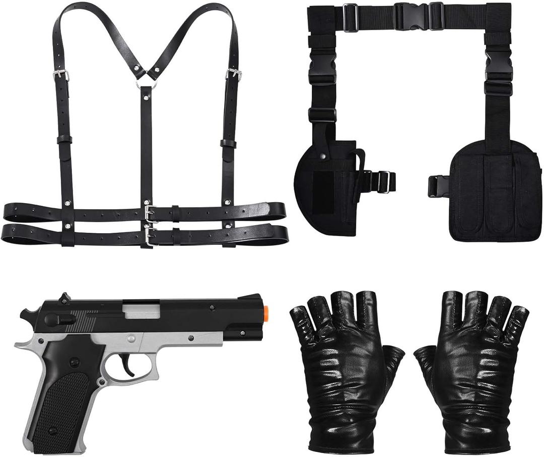 4 Pcs Halloween Thigh Holsters Costume Accessories for Women Punk Black Pu Leather Harness Belt Leg Holster and Belt for Pistols Leather Gloves Swat Cop Set for Halloween Cosplay Dress up