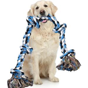 LECHONG Dog Toys for Aggressive Chewers Tough Rope Chew Toys for Large and Medium Dog 3 Feet 5 Knots Indestructible Cotton Rope for Large Breed Dog Tug of War Dog Toy Teeth Cleaning (1pack blue)
