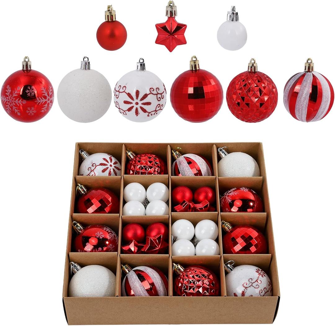 44Pcs Christmas Ball White and Red Christmas Ornaments Set for Valentine's Day Backyard Holiday Wedding Party Decor with 12 pcs 2.36 and 32 pcs 1.18 Mini Xmas New Year Decorations Ornaments Balls