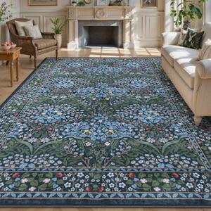 Lahome Floral Washable Rugs 8x10, Soft 8x10 Area Rugs for Living Room Bedroom, Boho Non-Slip Blue Forest Design Large Throw Carpet for Farmhouse Dining Room Office Giverny, Blue