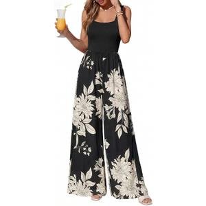 KIRUNDO Jumpsuits for Women Dressy Romper Summer One Piece | Sleeveless Boho Floral Jumpsuits, Wide Leg Pants Rompers, Beach Vacation Cruise Outfits, Resort Wear, Airport Travel Clothes (L)