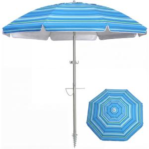 PASAMIC 7ft Beach Umbrella for Sand with Sand Anchor & Tilt, UPF 50+ Protection Beach Umbrellas for Heavy Duty Wind Portable with Carry Bag and Hook, for Patio Garden Pool, Light Blue Stripes