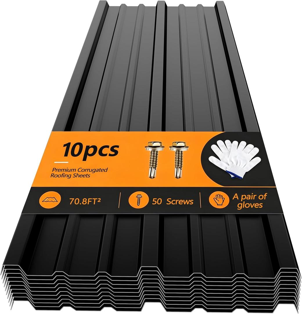 10 Pack Metal Roofing Panels, Corrugated Roof Panels, Black, L61.02''-10