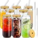 20 Oz Drinking Glasses with Bamboo Lids and Glass Straw - 5 Pcs Glass Cups Beer Ice Coffee Glasses Cute Aesthetic Cup Great for Coffee Bar Accessories Include 2 Cleaning Brushes