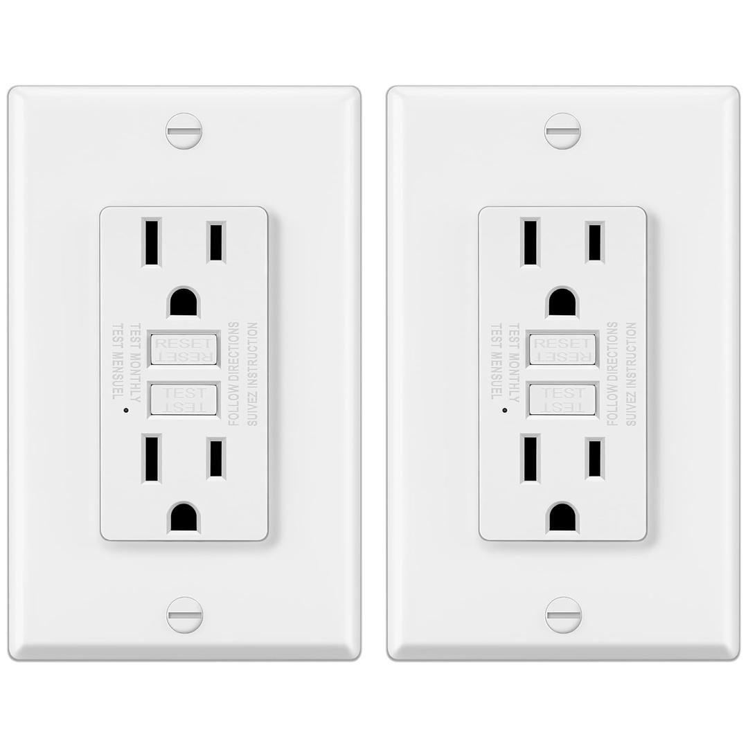 ELECTECK 2 Pack GFCI Outlets 15 Amp, Non-Tamper Resistant, Decor GFI Receptacles with LED Indicator, Ground Fault Circuit Interrupter, Wallplate Included, ETL Listed, White