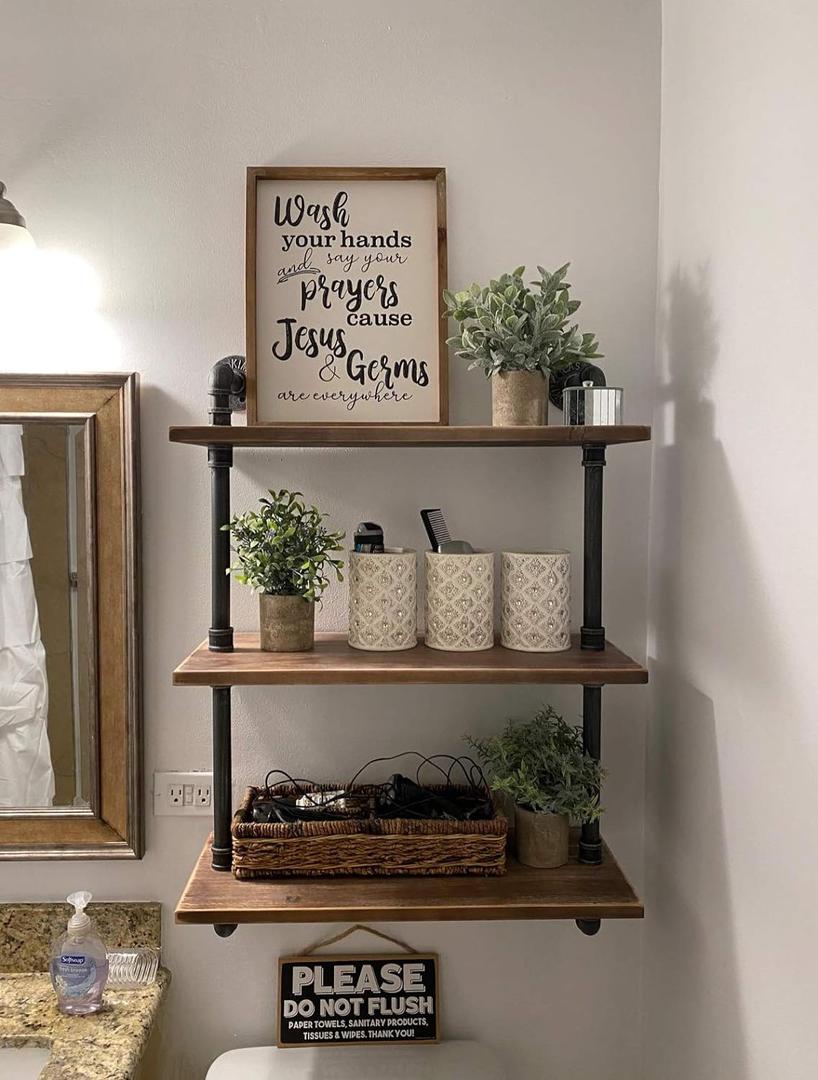 Industrial Pipe Shelving Bookshelf Rustic Modern Wood Ladder Storage Shelf 3 Tiers Retro Wall Mount Pipe Design DIY Shelving (24in, 24inch)