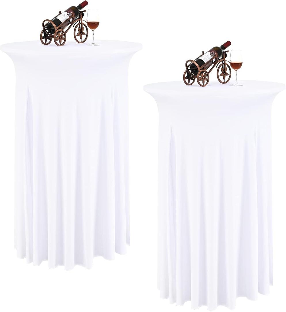 2 Packs Round Cocktail Table Skirt 32"x 43" Spandex Stretch Cocktail Tablecloth with Wavy Drapes, White Spandex Fitted High Top Table Covers for Wedding Party Birthday Banquet Bar