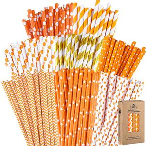 200 Pieces Thanksgiving Paper Straws Orange and Gold Assorted Paper Straws Biodegradable Drinking Straw Mix for Fall Leaf Autumn Wedding Supplies, 8 Style, 200 Count
