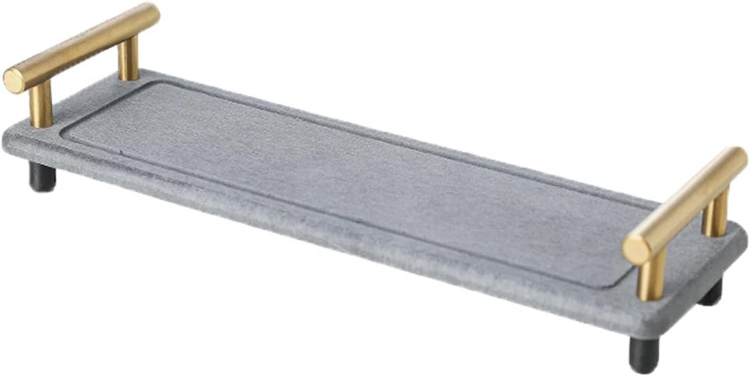 Instant Dry Sink Caddy Organizer,Diatomaceous Earth Bathroom Organizer with Handle Water Absorbing Stone Tray for Sink Water Absorbent Diatomite Coasters (S Gray Gold Handle)