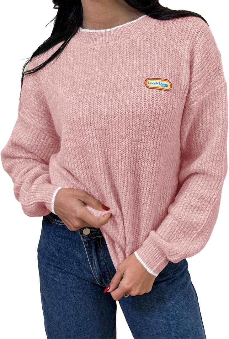 Saodimallsu Womens Sweaters Crew Neck Long Sleeve Knit Contrast Piping Stripe Lightweight Casual Fall Pullover Tops 2025 (Small, Pink)