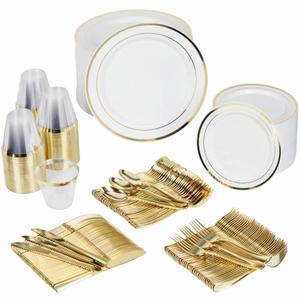 Prestee 600-Piece Disposable Party Dinnerware Set for 100 Guests - Gold Silverware Disposable with Plates, Cups, Knives, Forks, Spoons - Elegant Utensils for Wedding, Reception and Events Supplies