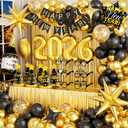 New Years Decorations 2026 Eve Party Supplies with Glasses Hats Black Gold Confetti Balloons 2026 Number Balloons New Year Banner Gold Fringe Curtain Backdrop for Nye Decorations