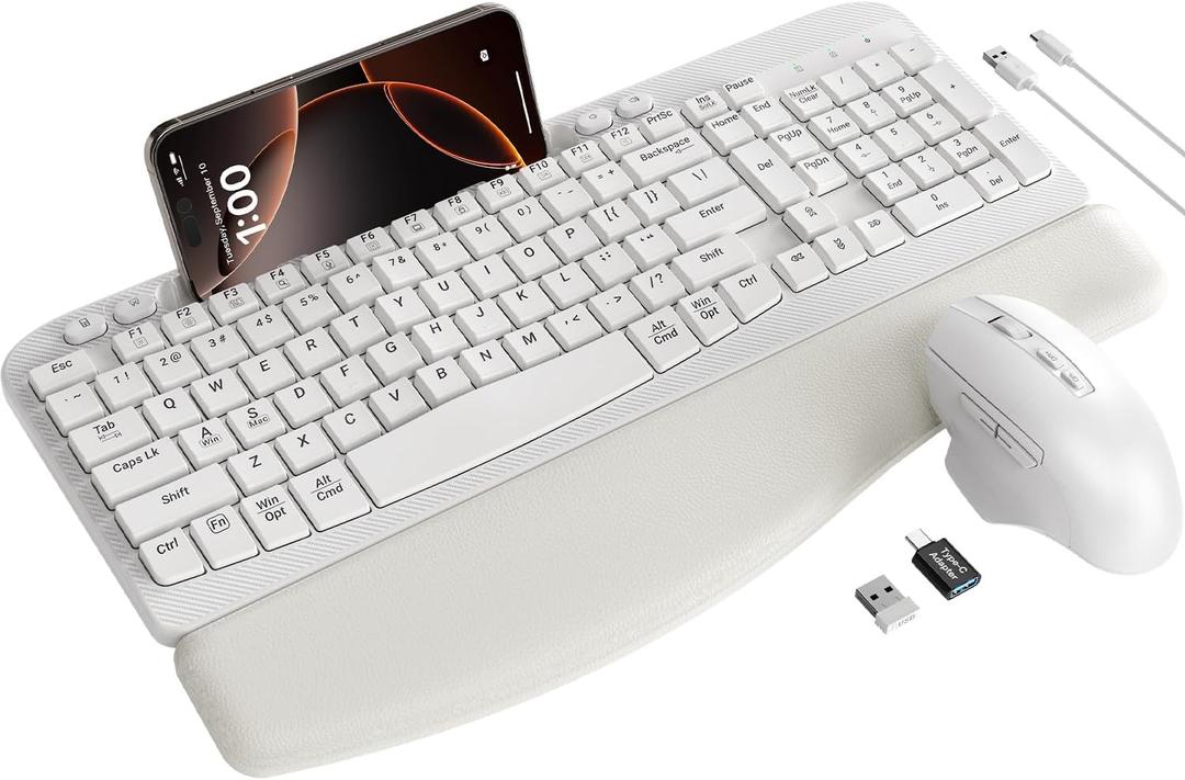 SABLUTE Wireless Keyboard and Mouse Combo, Ergonomic Wave Keys, Cushioned Palm Rest, Rechargeable, Phone Holder, Natural Typing, 2.4G Lag-Free, MA22 Plus Full Size Keyboards Set for Windows/Mac, White