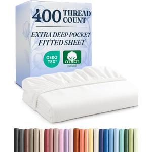 Extra Deep King 400 Thread Count Cotton Fitted Sheet - Hotel Luxury Single Fitted Sheet Only - Easily Fits 18" to 24" Mattress - Soft, Wrinkle Free, Breathable & Comfy Extra Deep Pockets White Fitted