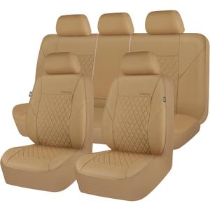 CAR PASS Faux Leather Seat Covers Full Set, Quilting Waterproof Premium Automotive Seat Cover with 5mm Composite Sponge Inside,Airbag Compatible, Universal for Most Cars Sedan SUV Truck, All Beige
