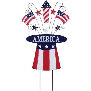 hogardeck 4th of July Decorations Outdoor, 31" Metal Patriotic Hat with Flag Star Rocket Decorative Garden Stakes for Fourth of July Decorations, Memorial Day Yard Signs for Garden Lawn Porch Decor