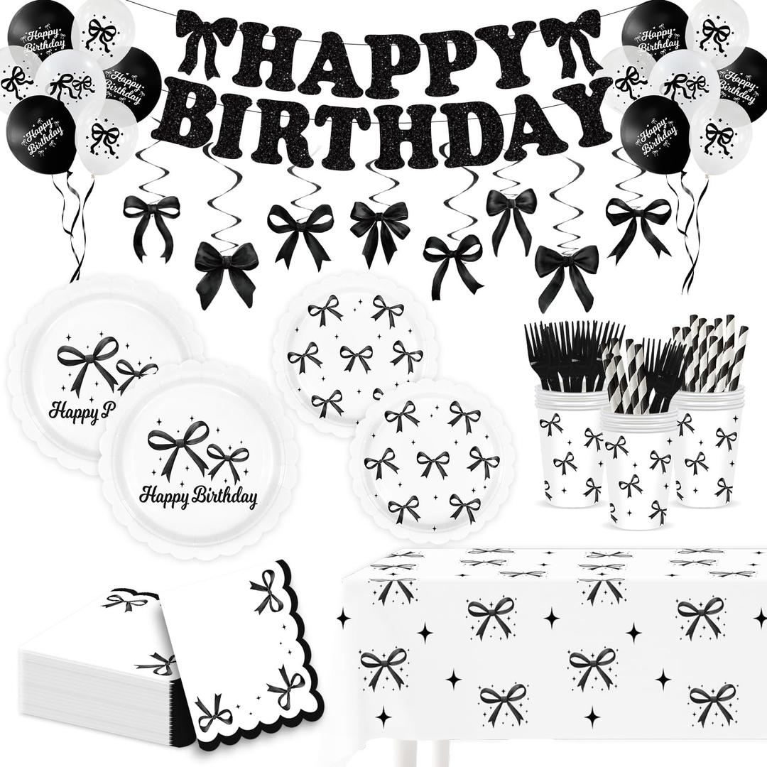 Black Bow Birthday Party Decorations, Black Coquette Birthday Decorations Bow Happy Birthday Banner Black and White Balloons, 24 Guests Plates Napkins Forks Tablecloth, Coquette Birthday Supplies