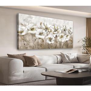 Large Flowers Wall Art for Living Room Decor Framed Art White Floral Canvas Pictures Modern Brown Artwork Blossom Canvas Prints for Bedroom Dining Room Kitchen Home Office Wall Decor 24" x 48"