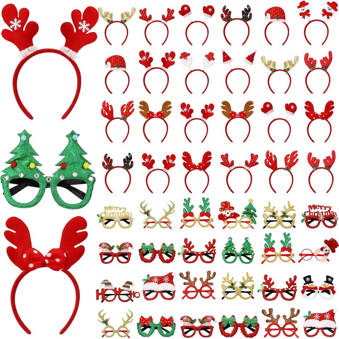 Giegxin 48 Pcs Christmas Headbands Christmas Glasses Frame Set Include 24 Sunglasses Xmas Glitter Eyewear 24 Headwear Head Boppers Photo Props for Kids Holiday Party Favors