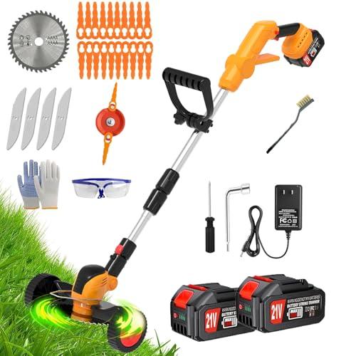 Electric Weed Wacker Cordless Battery Powered, Weed Cordless Eater with 2X 21V/4.0Ah Battery Operated & Wheels 3 Types Blades, 3 in 1 Stringless Grass Trimmer/Edger/Brush Cutter for Garden Yard Lawn