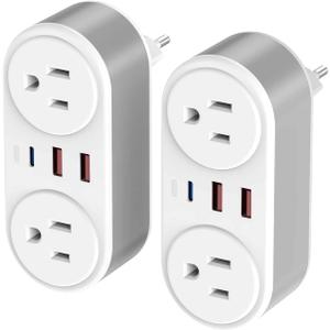 2 Pack European Travel Plug Adapter, CHUAFIUR US to Europe Plug Adapter with 2 Outlets 3 USB Charging Ports, PD 20W Fast Charger with Type C Travel Essentials to Most EU Spain Italy France Germany