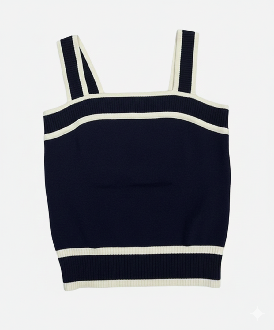 Navy Blue and White Striped Knit Tank Top, Small