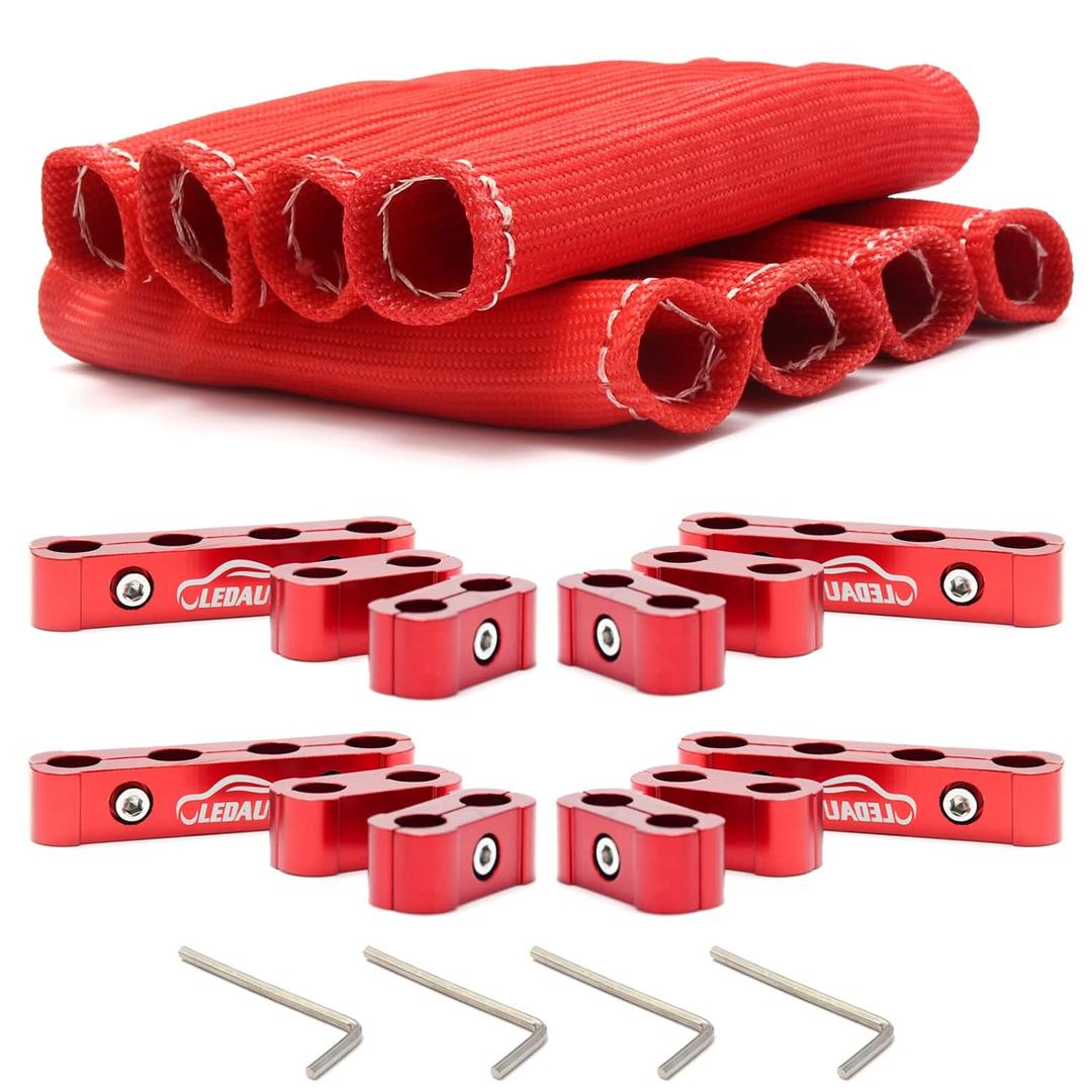 LEDAUT Red 8Cyl Spark Plug Heat Shield Protector and 12pc Engine Separator Insulating Fire Sleeve Wire Protector with Divider Suit for 8mm 9mm 10mm (18PCS)