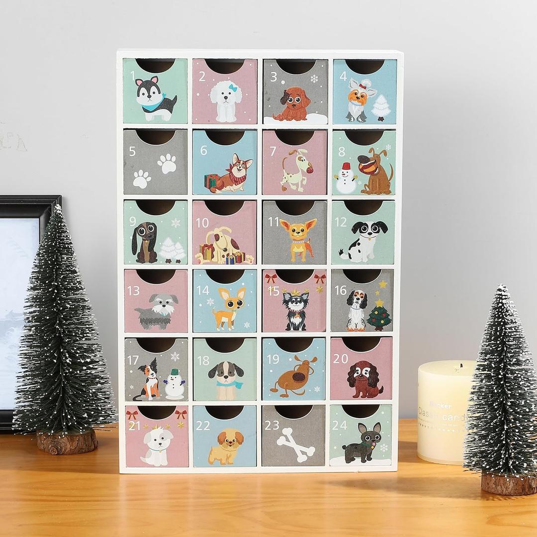 SUNGIFT Wood Advent Calendar with Drawers - Wooden Reusable Advent Calendar with Puppy Designs, Refillable Christmas Countdown Boxes 2025