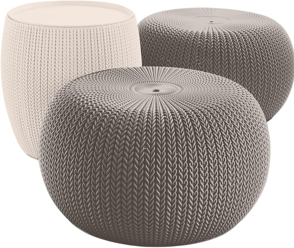 KETER Urban Knit Pouf Ottoman Set of 3 with Storage Table for Patio and Room Dcor-Perfect for Balcony, Deck, and Outdoor Seating, Cream & Taupe