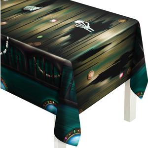 Cheerland Pirate Party Tablecloth Skull Treasure Tableware Skeleton Caribbean Pirates Ship Dock Backdrop for Halloween Decorations Home Decor Costume Birthday Party Supplies 9x5 Ft