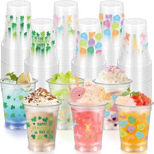 60 Pcs Valentine's St. Patrick's Easter Plastic Cups Heart Green Shamrock Rabbit Egg Disposable Clear Plastic Cups Disposable Plastic for Kids Adults Cold Drink Snacks Party Favors Supplies