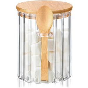 Glass Jar Sugar Container with Bamboo Spoons Lids 16 oz Sugar Bowl Coffee Bar Food Storage Jar Cereal Nuts Salts Coffee Tea Flour Sugar Container Spice Jar