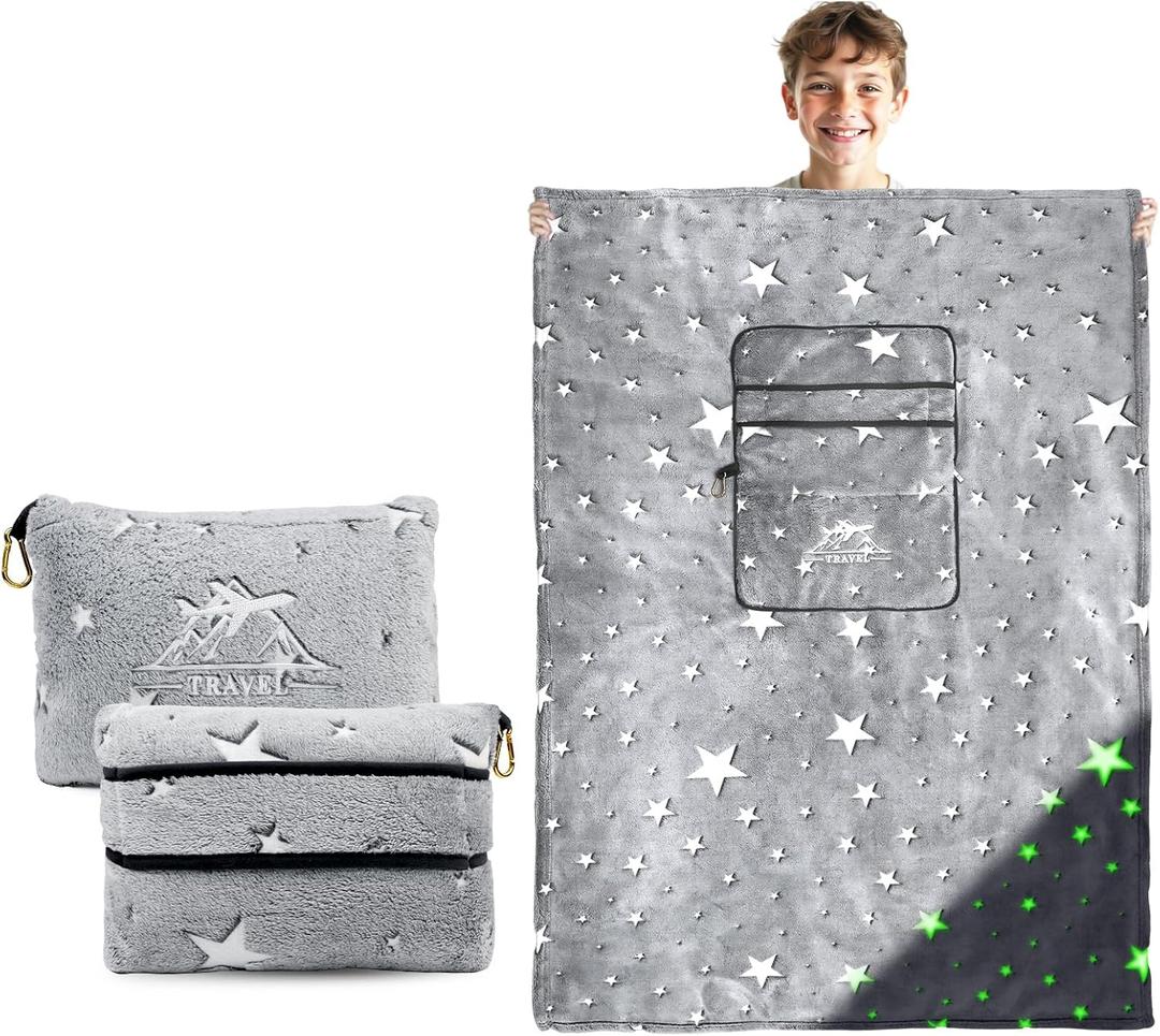 2-in-1 Travel Blanket Pillow Airplane Set - Small Travel Blanket and Pillow Set Airplane Compact for Kids - Glow in The Dark Space Star Blanket Birthday Gifts for Kids Boys Girls 40x60 Inches