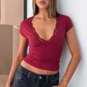 omen's Short Sleeve Sexy Lace Trim V-Neck Daily Basic Burgundy Tees Trendy Y2K Clothing Spring Summer Going Out Casual Vacation Slim Fit Cute Crop Tops (S, Burgundy)
