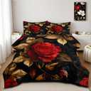 CCoutueChen Floral Comforter Set Queen Black Red Botanical Flower Bedding Set Modern Aesthetic Bedding Sets Soft Lightweight Microfiber Comforter Sets for All Season