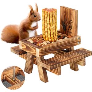 Squirrel Feeder for Outside Funny, Carbonized Wood Squirrel Picnic Table Feeder with Corn Cob Holder & Peanut Tray, Durable Picnic Table for Squirrel and Chipmunk, New Premium Gift (Brown)