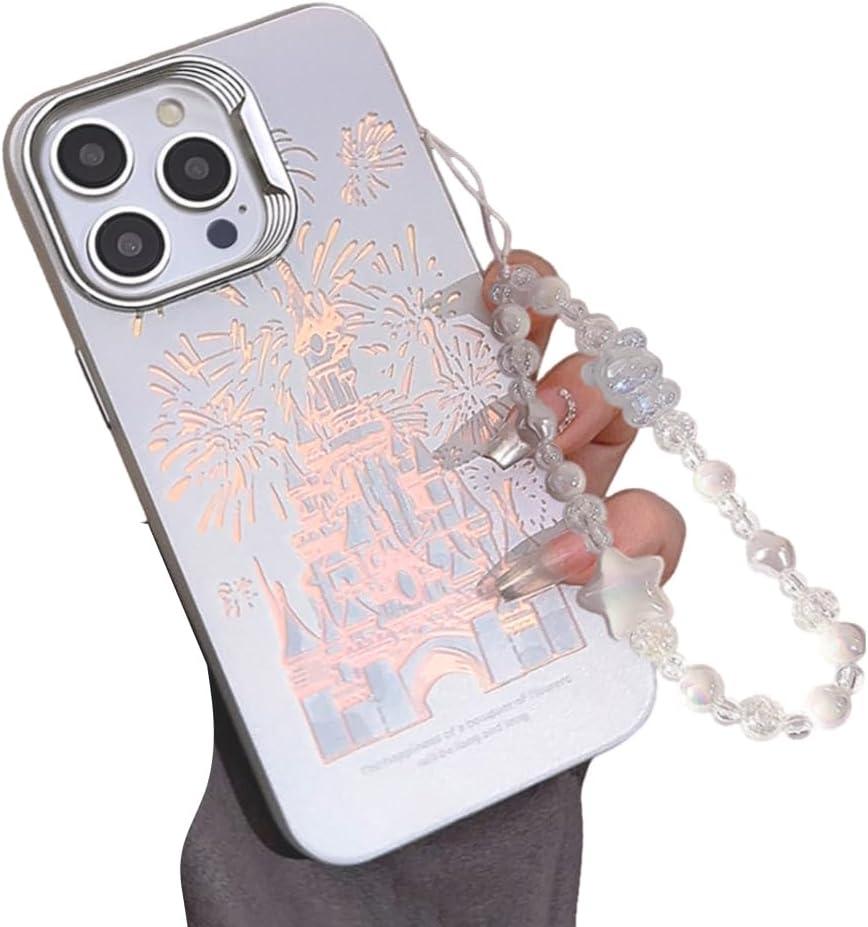 Casechics Compatible with iPhone Case,Cute Laser Glitter Bling Sparkly Castle Wristband Strap Bracelet Chain[Military Drop & Full Body Protection] Shockproof Cover Phone Case (Silver,iPhone 15 Pro)