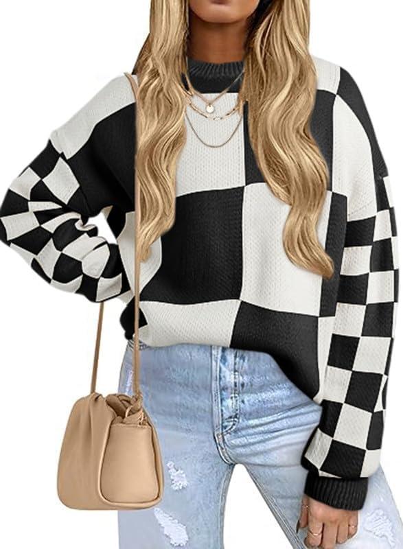 EVALESS Womens Sweaters Fall Fashion Cable Knit Checkered Oversized Sweater Tops (Small, Black)