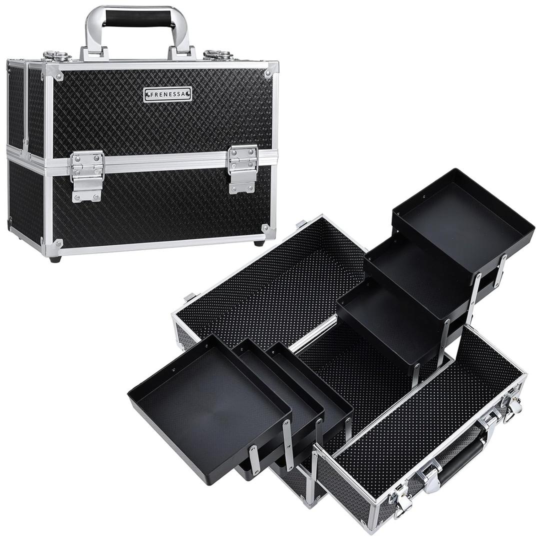 FRENESSA Makeup Train Case Makeup Case 11.8 Inch Large Cosmetic Box Organizer Travel Storage Professional Make Up Train Carrying Case with 6 Trays Locking Hard Vanity Storage Black